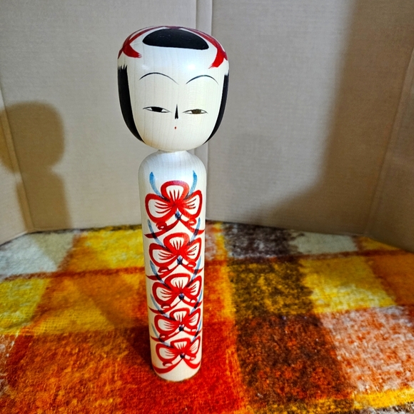 Other - Handcrafted Signed Kokeshi Doll with Red Floral Design